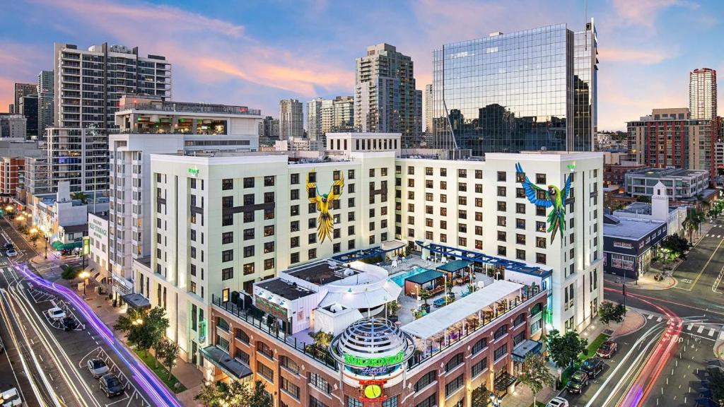 an overhead view of a large white building in a city at Margaritaville Hotel San Diego Gaslamp Quarter in San Diego