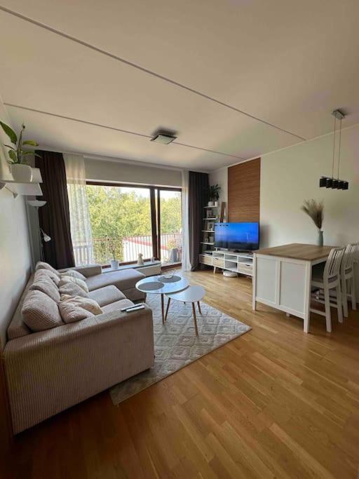 ein Wohnzimmer mit einem Sofa und einem Tisch in der Unterkunft 1-bedroom apartment near airport in Petrikyula