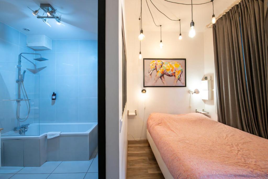 a bathroom with a bed and a shower and a tub at Suite du Vieux Lyon Cosy & calme - le Quarantaine in Lyon