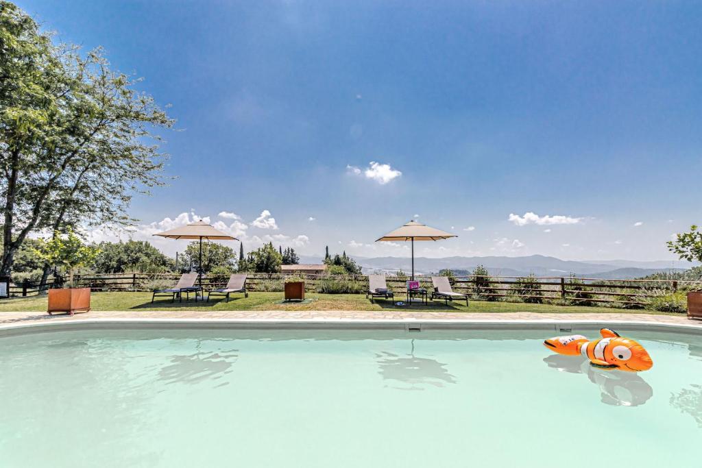 een zwembad met speelgoed in het water bij Villa Cedri in Montecatini Val di Cecina