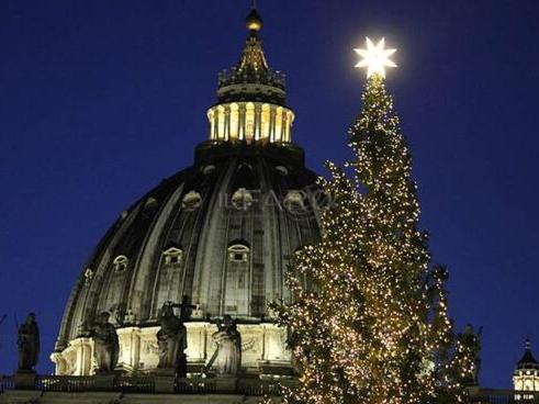 a christmas tree in front of a building with a star at Residenza a San Pietro in Rome