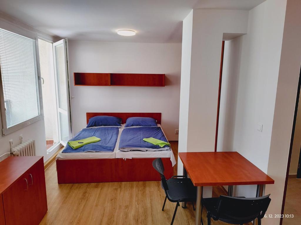 een slaapkamer met een bed met blauwe lakens en een bureau bij Hostel Blanice in Praag