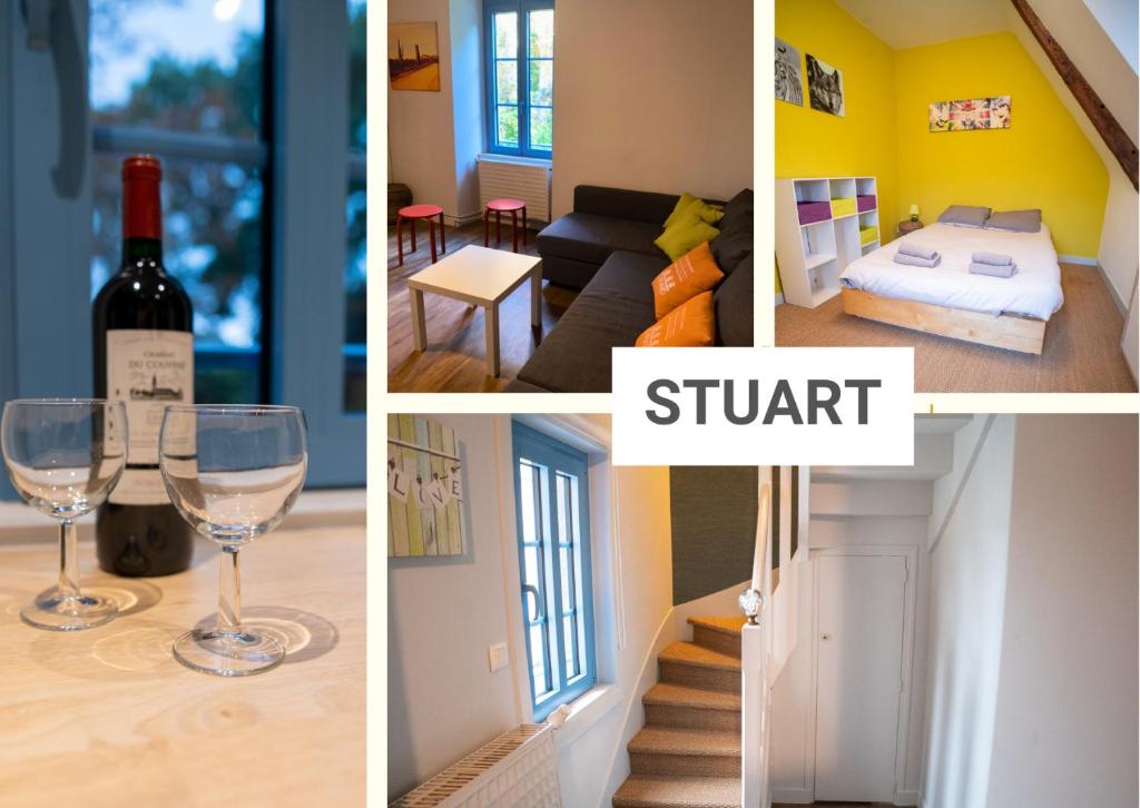 a collage of photos with a bottle of wine and a room at Stuart in Dinard