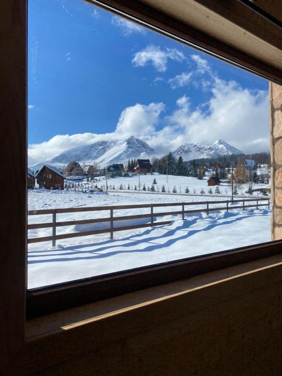 a window with a view of a snow covered mountain at Portes du Soleil - Zabljak in Žabljak