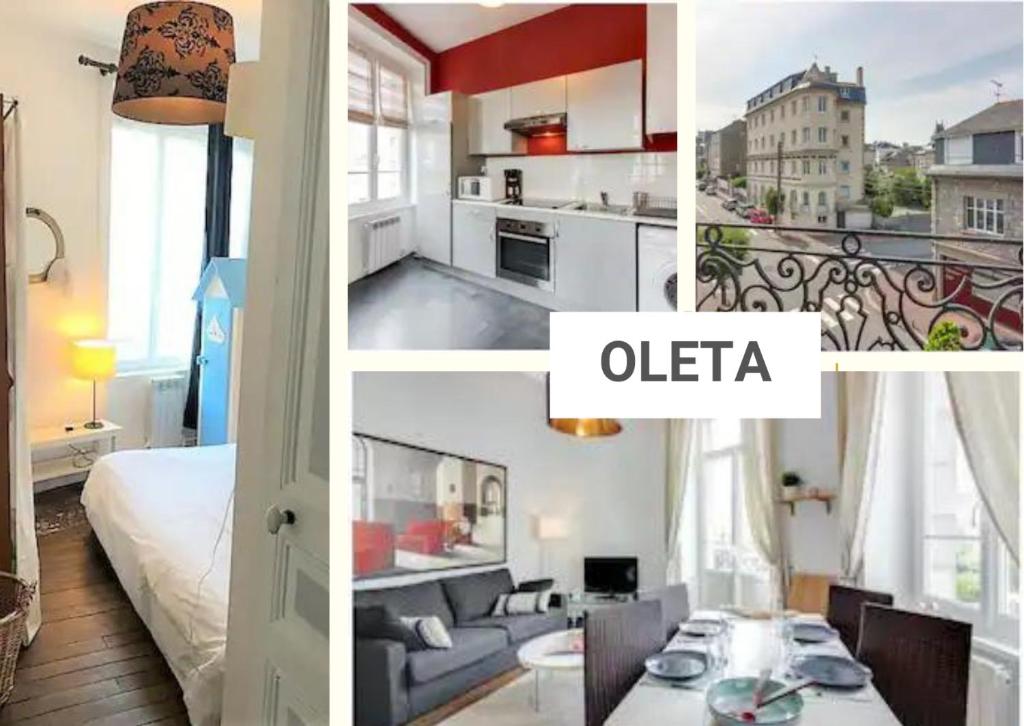 uma colagem de três fotografias de um apartamento em Oleta em Dinard