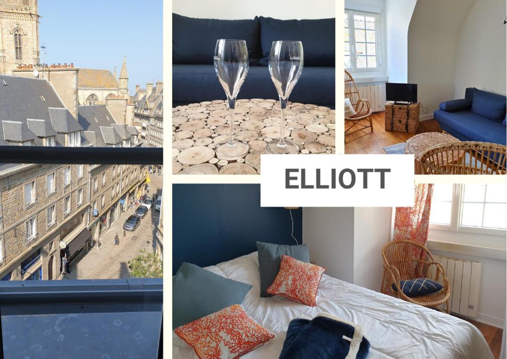 un collage de photos d'une chambre avec une fenêtre et des verres dans l'établissement Elliott, à Saint-Malo