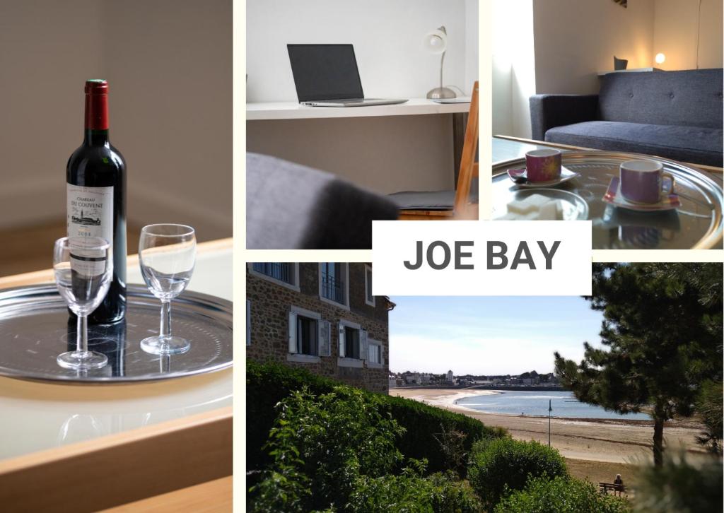 un collage di foto con una bottiglia di vino e un bicchiere di JOE BAY a Saint Malo