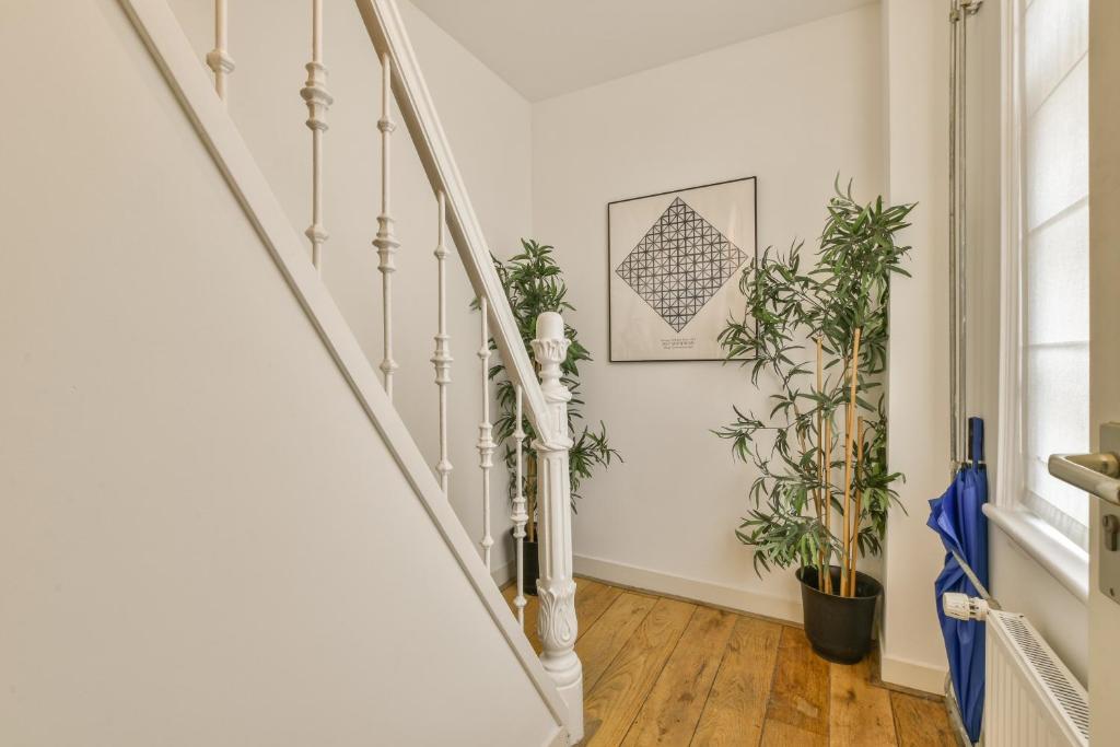 una escalera con plantas en una habitación con paredes blancas en Amsterdam Alley Apartment, en Ámsterdam