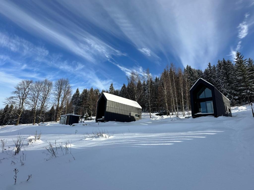 two barns in a snow covered field with trees at Black Hills Czarna Góra / Bike ^ Ski in Sienna