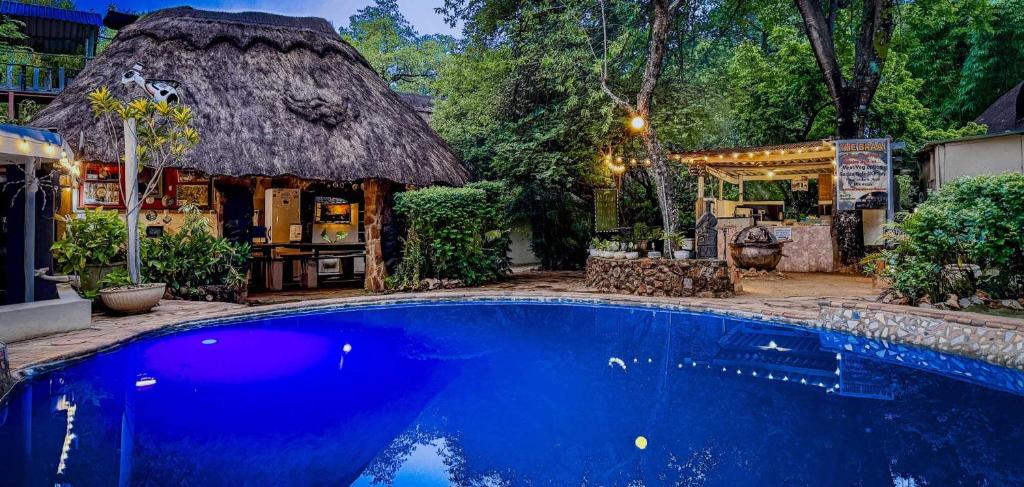 a house with a large blue swimming pool with a thatch roof at Victoria Falls Backpackers Lodge in Victoria Falls