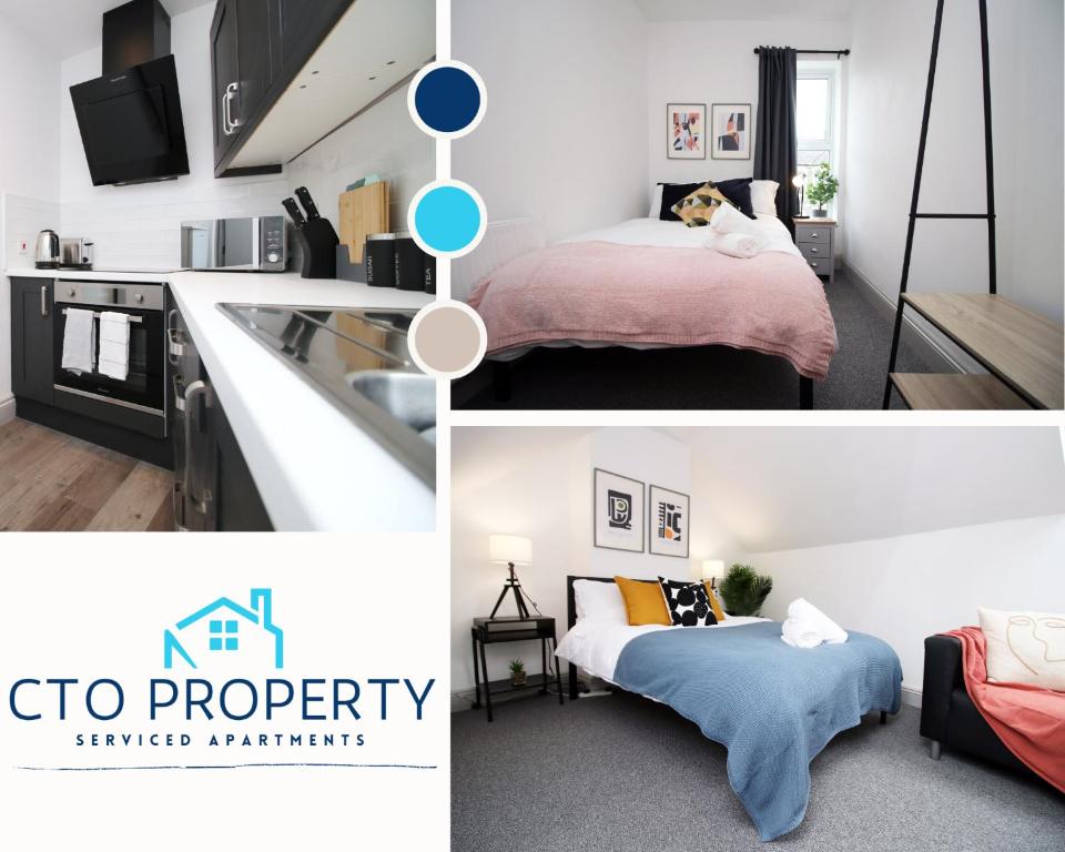 a collage of photos of a bedroom with a dog laying on a bed at 2 Bed Flat next to Stadium with Street Parking Serviced Accommodation - Cardiff in Cardiff