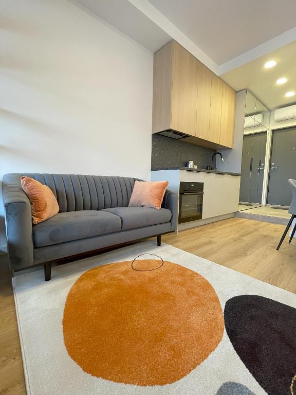 een woonkamer met een bank en een keuken bij Apartment in Vilnius in Vilnius