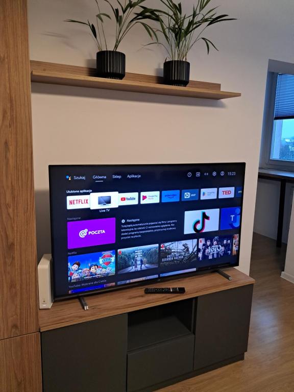 a flat screen tv sitting on top of a wooden stand at KAWALERKA 28M SALON Z KUCHNIĄ CENTRUM NOWY SĄCZ in Nowy Sącz