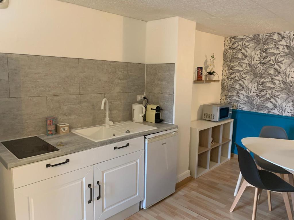 eine Küche mit einem Waschbecken und einem Tisch mit Stühlen in der Unterkunft Le Fauverney in Fauverney