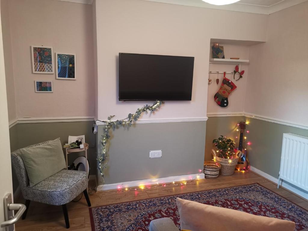 salon z telewizorem z płaskim ekranem na ścianie w obiekcie Wollaton Park Beeston house close to University w Nottingham