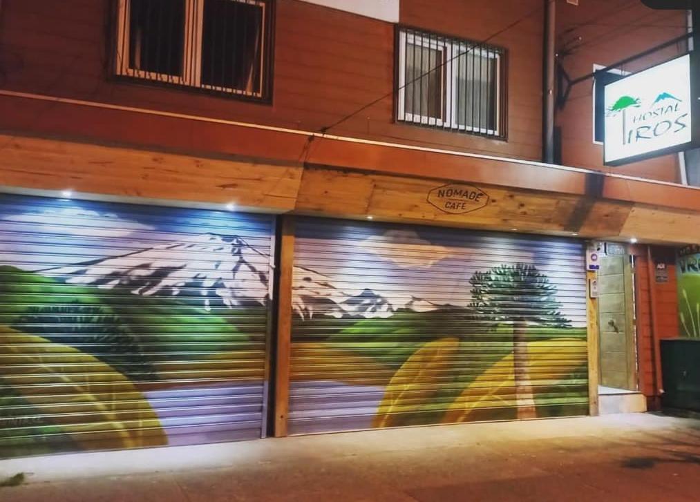 una puerta de garaje con un mural en el lateral de un edificio en HOSTAL IROS, en Temuco