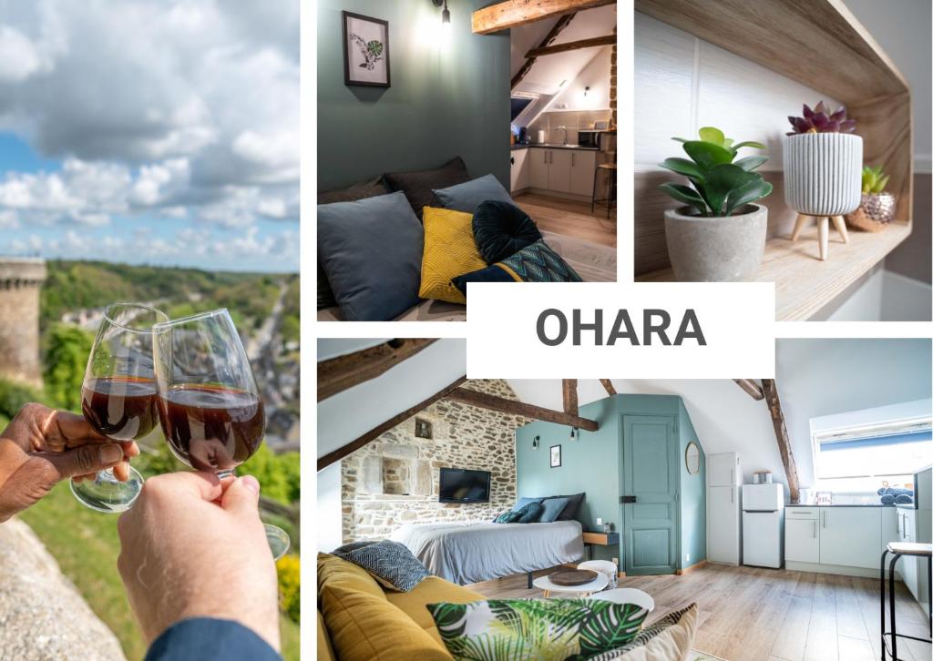 Eine Collage mit Fotos mit einem Mann, der ein Glas Wein hält. in der Unterkunft OHARA in Dinan