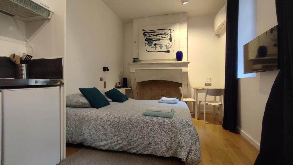 une chambre avec un lit et une cheminée dans l'établissement Appartements avec balcon au coeur des Chartrons, à Bordeaux
