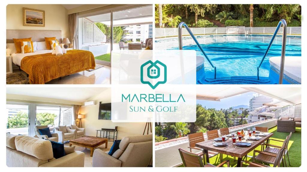 a collage of photos of a hotel room with a swimming pool at Penthouse Boutique Suite Marbella in Marbella