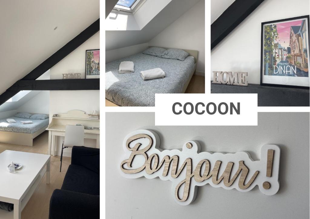 un collage de fotos de un dormitorio y una habitación en Cοcοοn, en Dinan
