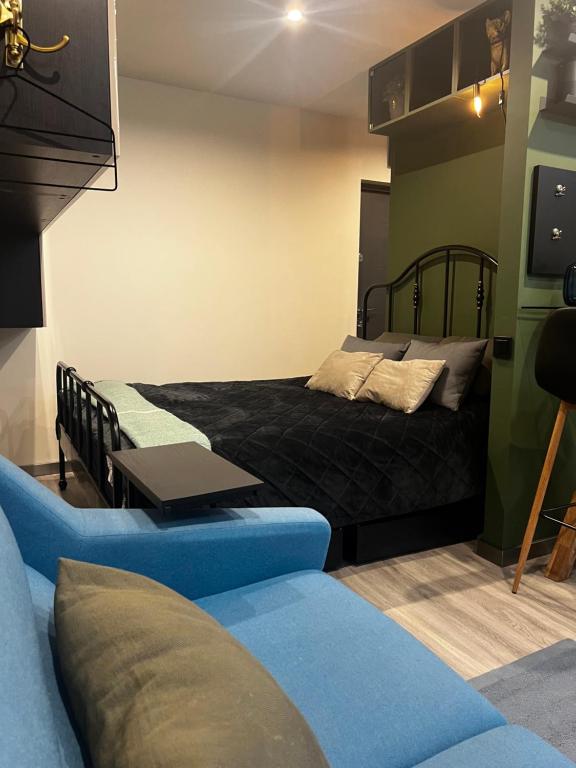 ein Wohnzimmer mit einem Bett und einem Sofa in der Unterkunft Cozy Studio Charming Spot Piņķi in Piņķi