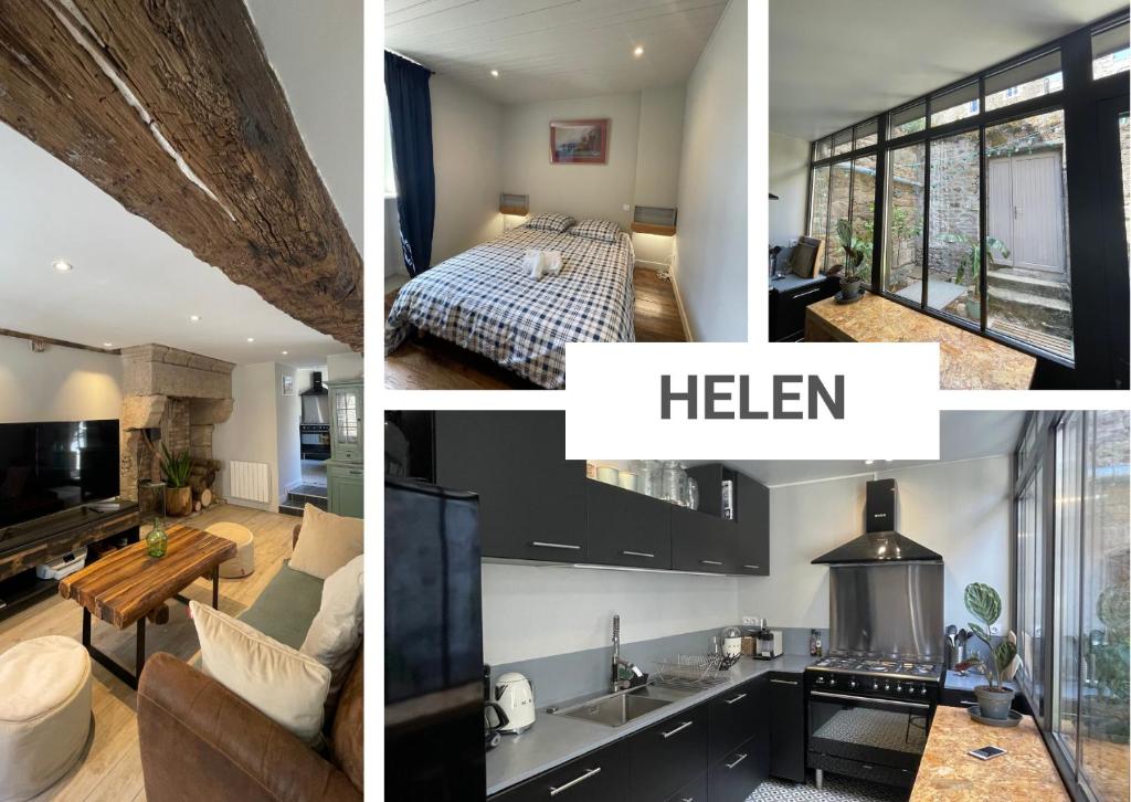 a collage of pictures of a bedroom and a living room at Helen in Dinan