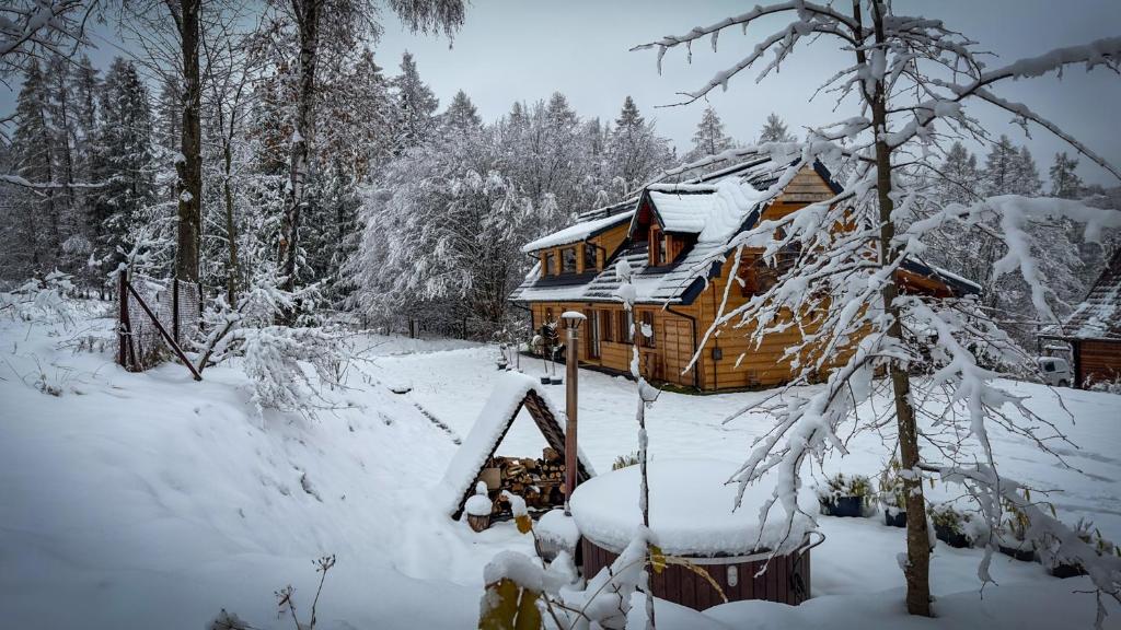Cabaña de madera con nieve en el techo en Nadleśniczówka - Bieszczadzka Zagroda, en Weremień