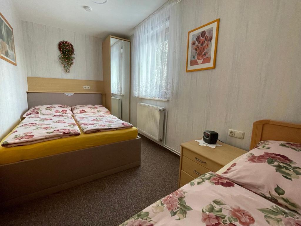 1 Schlafzimmer mit 2 Betten und einem Fenster in der Unterkunft Ferienwohnungen Marianne Lau in Wernigerode