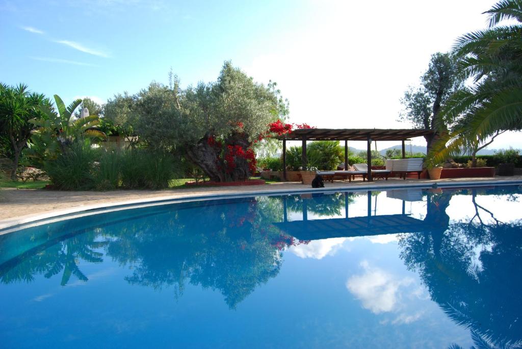 a swimming pool with blue water in a yard at Hotel Rural Cas Pla in Sant Miquel de Balansat