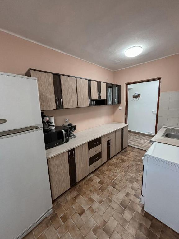 a kitchen with a white refrigerator and a counter at Omega Apartman in Miskolc