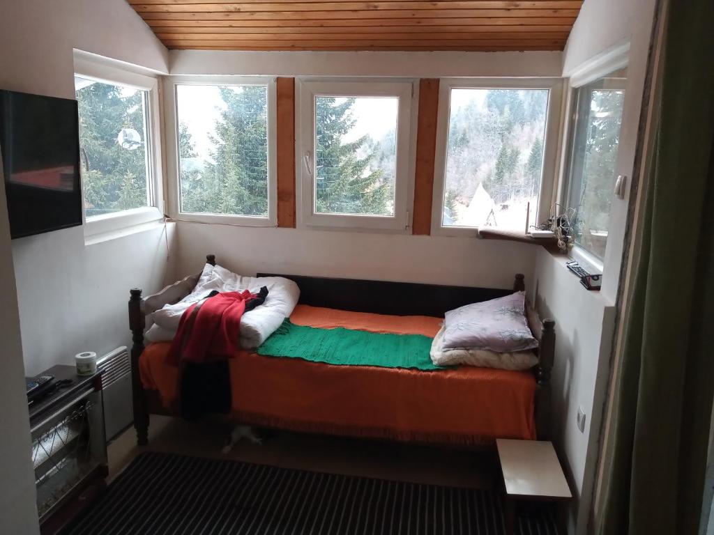 uma pequena cama num quarto com duas janelas em KopanikTreskaPotok15e em Kopaonik