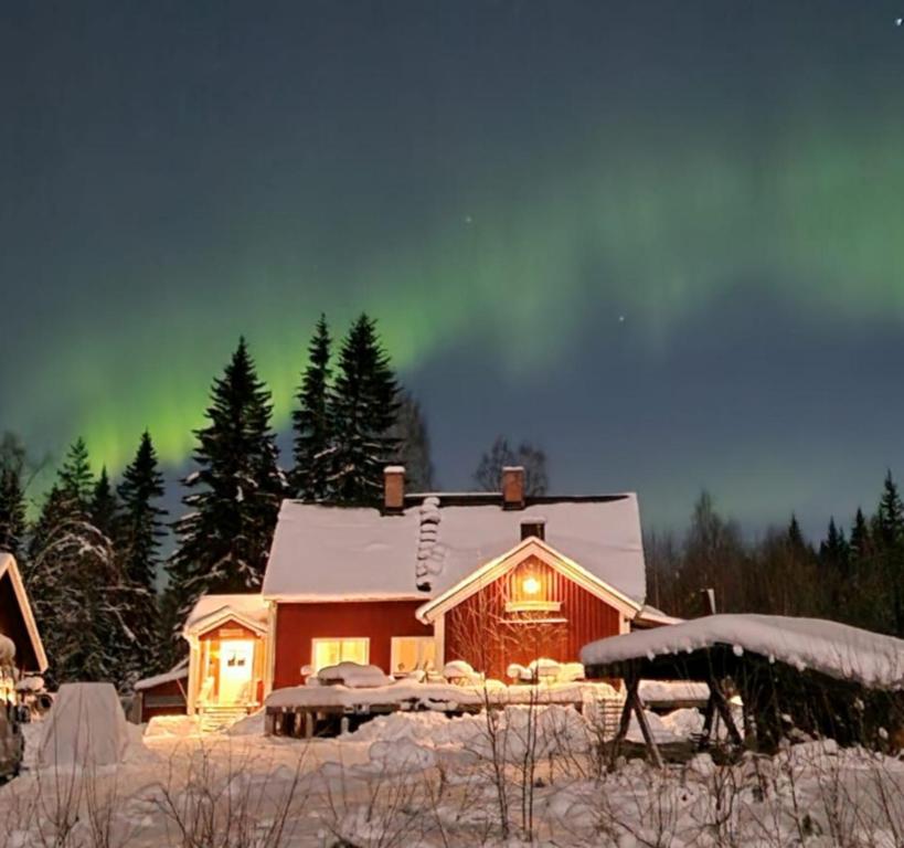 a house in the snow with the aurora in the sky at Stationshuset Dalarna Apartments in Sörsjön