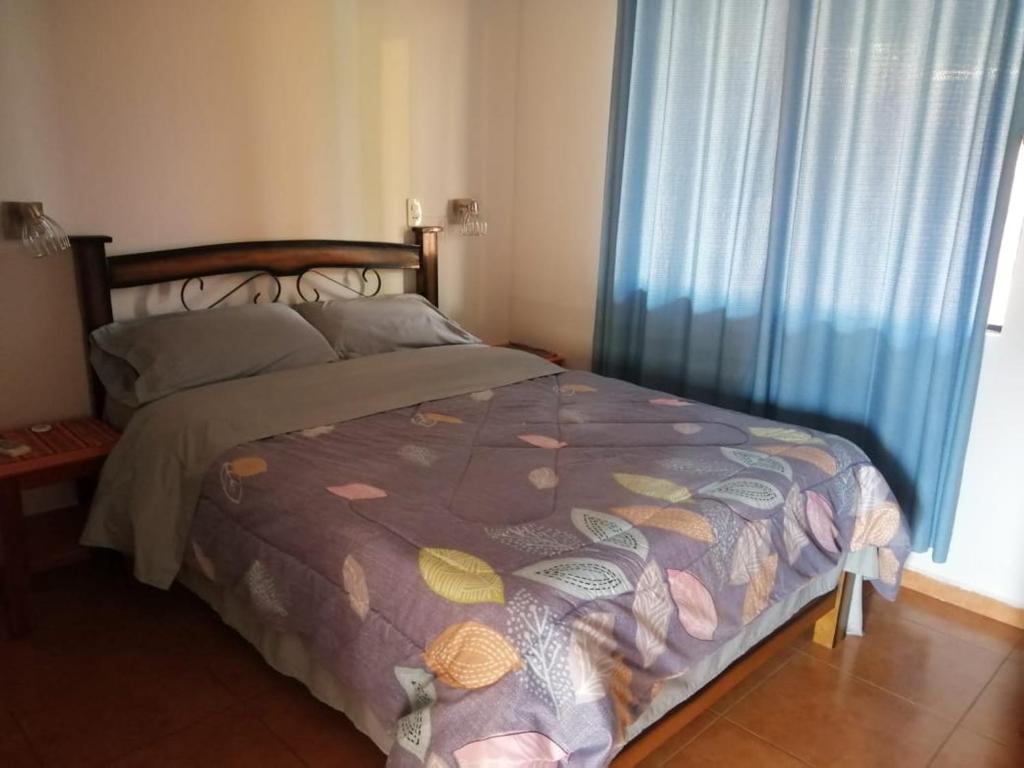 1 dormitorio con 1 cama con edredón morado en AreGua'i Alojamientos, en Villarrica