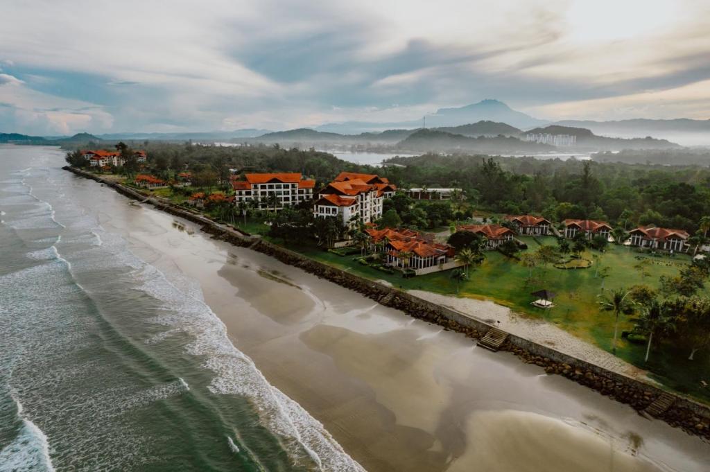 an aerial view of a resort on the beach at Borneo Beach Villas in Kota Kinabalu