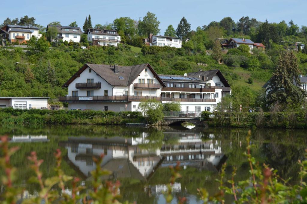 a house on a hill next to a body of water at Ferienwohnungen Pfeil in Nieder-Werbe