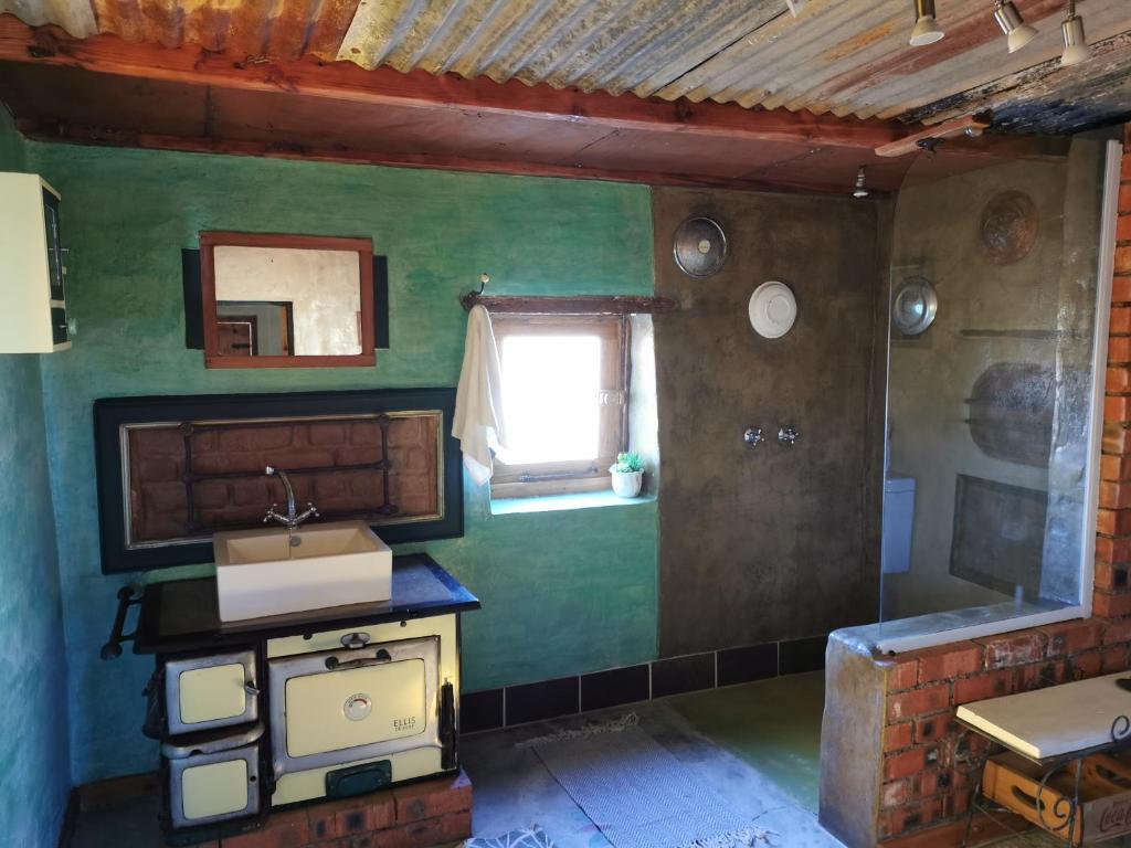a green room with a sink and a window at Silwerkaroo Gastehuis in Beaufort West