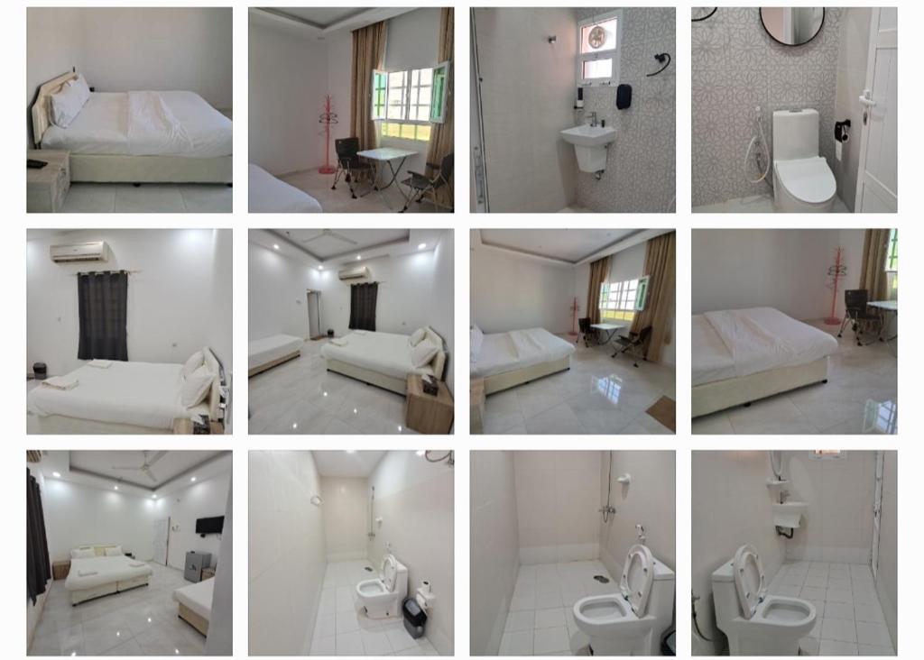 a collage of photos of a room with toilets at Alshumukh guesthouse in Al Ghalīlah