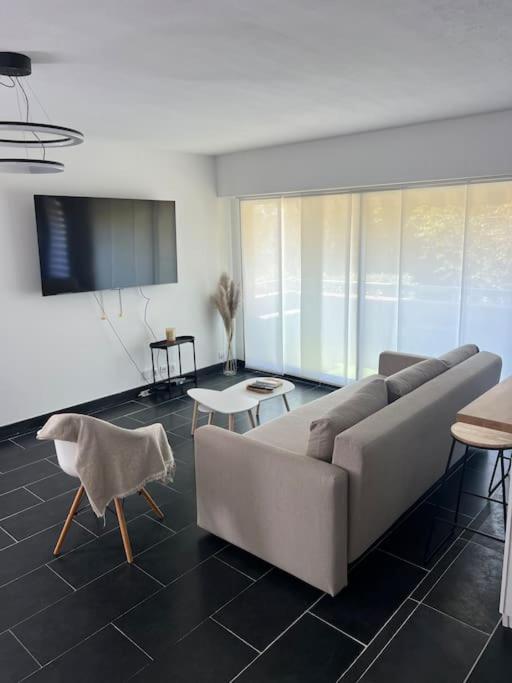 un salon avec un canapé et une télévision à écran plat dans l'établissement Magnifique appartement lumineux, à Marseille