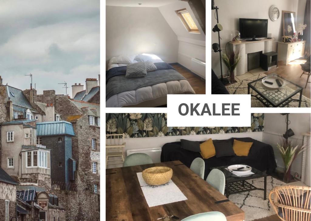a collage of four pictures of a room with an apartment at *OKALEE* in Dinan