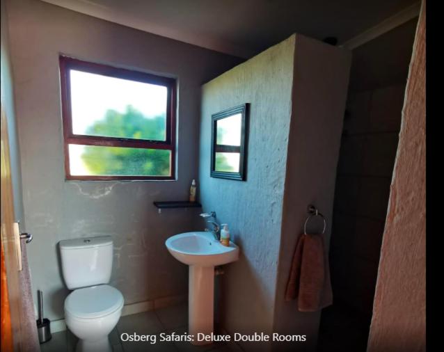 La salle de bains est pourvue de toilettes, d'un lavabo et d'une fenêtre. dans l'établissement Osberg Safari's, à Kirkwood