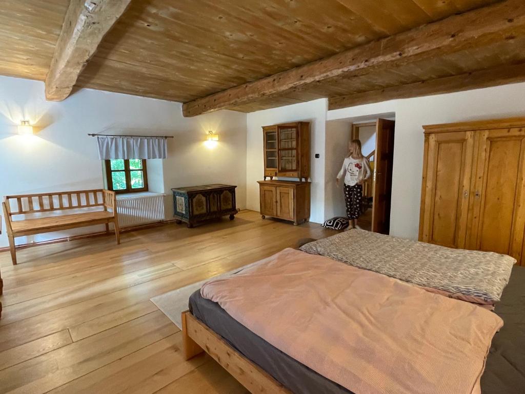 Postel nebo postele na pokoji v ubytování Medieval Cottage Šumava