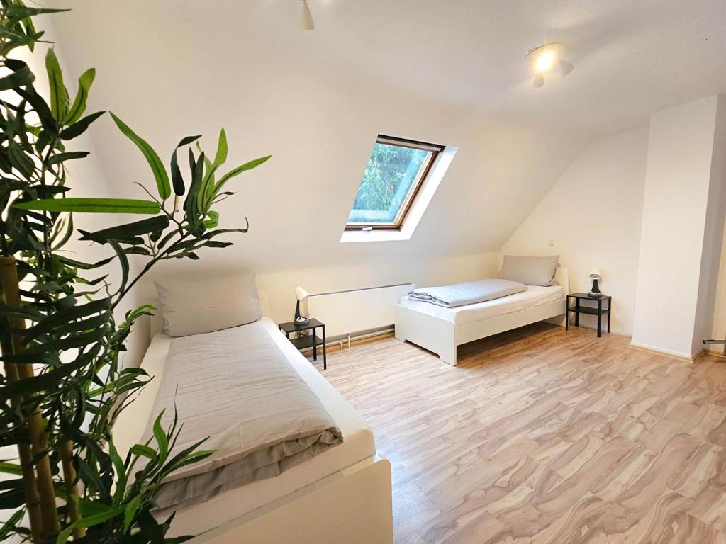 a living room with a bed and a plant at Cozy Apartment in Nierstein in Nierstein