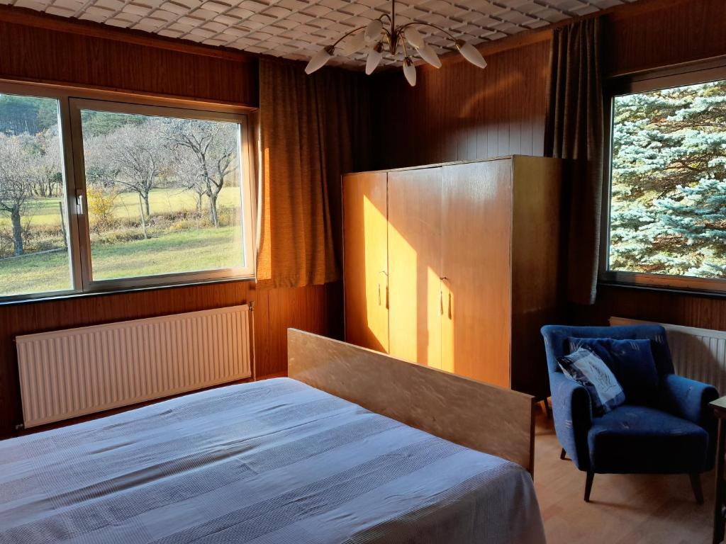1 dormitorio con 1 cama, 1 silla y 2 ventanas en Haus am Waldrand mit Fernblick, 