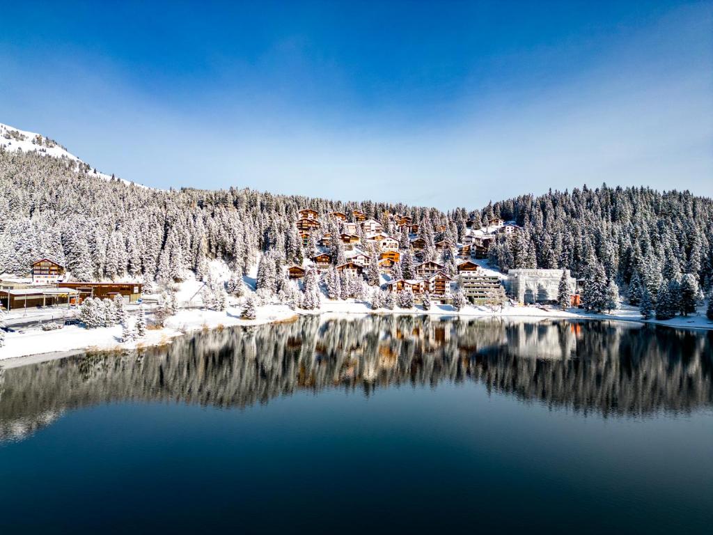 Chalet Methfessel by Arosa Holiday في أروسا: اطلالة على بحيرة فيها اشجار ومنازل مغطاة بالثلج