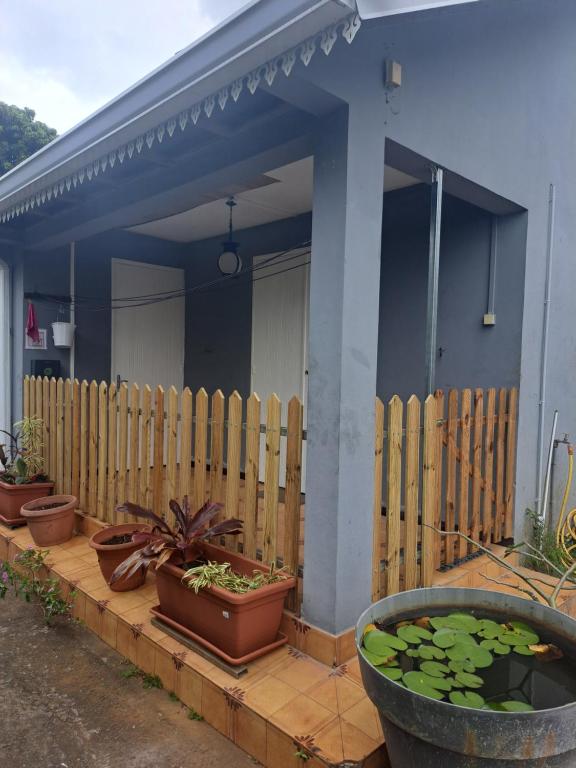 uma casa azul com vasos de plantas e uma cerca de madeira em T1 tout confort em Saint-Denis