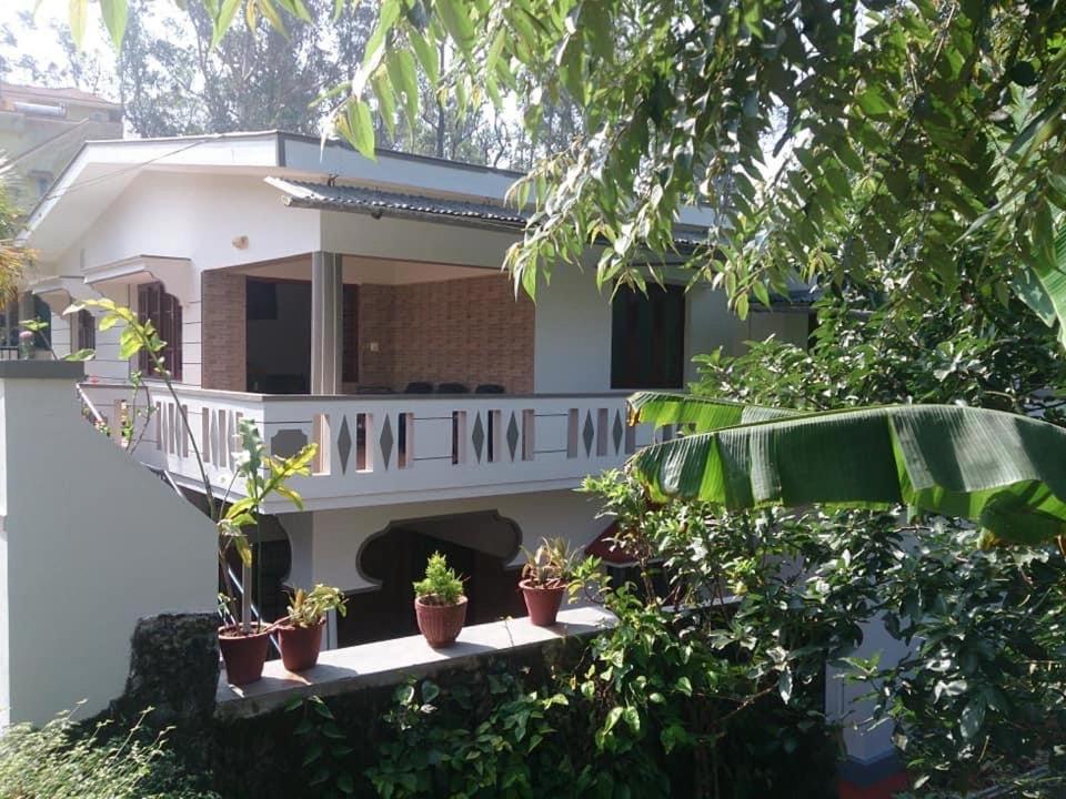 a white house with potted plants in front of it at Dhruva Homestay in Madikeri