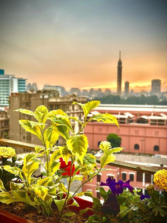 a view of a city from a window with flowers at Midtown Nile View Suites in Cairo