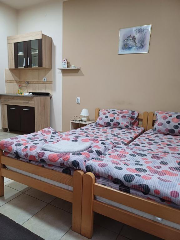una camera con due letti e una cucina di Sobe SANjA a Pirot