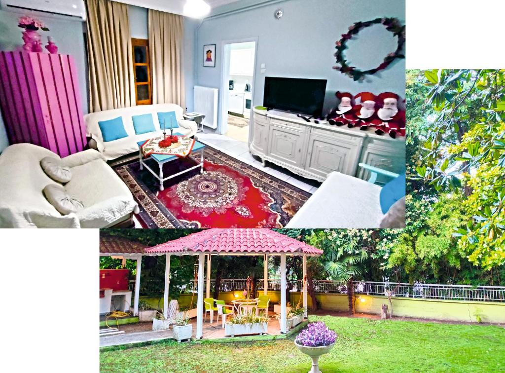 a living room with a gazebo at Quiet House with Private Garden in Katerini