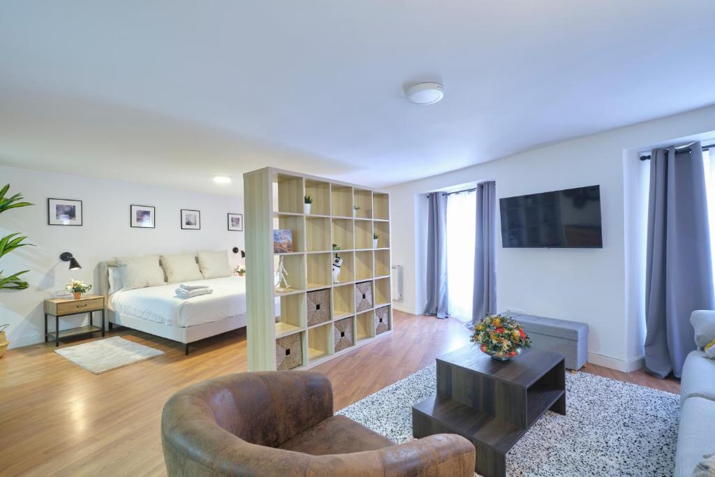 ein Wohnzimmer mit einem Bett und einem Sofa in der Unterkunft Lovely Apartments - Increíble loft en el corazón de Madrid in Madrid